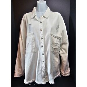 POL Distressed Fringe Hem Denim Shirt Jacket Long Sleeve Button‎ Up White  SZ L